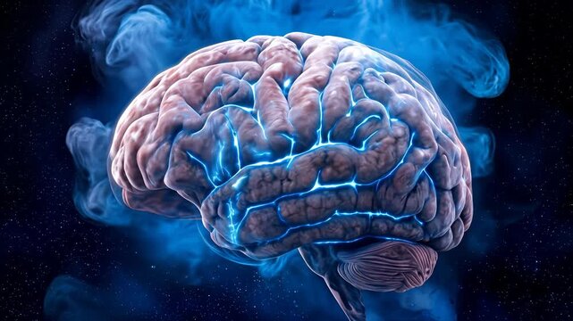 Human brain with glowing blue neural activity and electrical pulses. Stylized anatomical visualization of cognitive processes. Lockdown shot.
