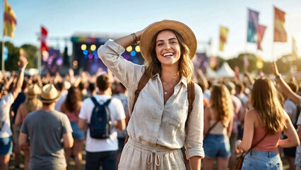 Fototapeta premium Woman in Hat Smiling at Concert