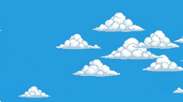 A digital illustration of white pixelated clouds floating in a bright blue sky