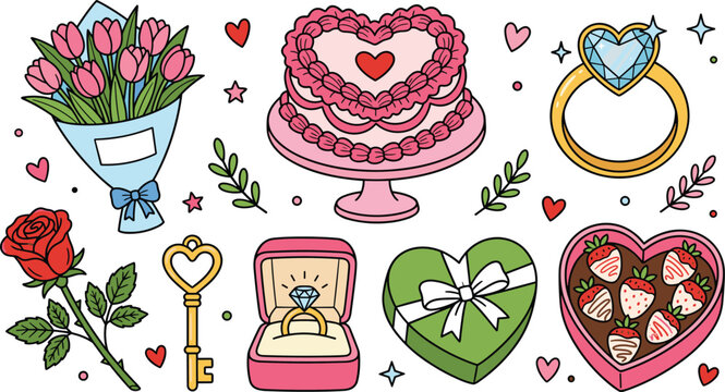 Romantic Valentine day element set. Cake, tulip bouquet, engagement ring, chocolate covered strawberries, key, jewelry box, green gift, rose and hearts.