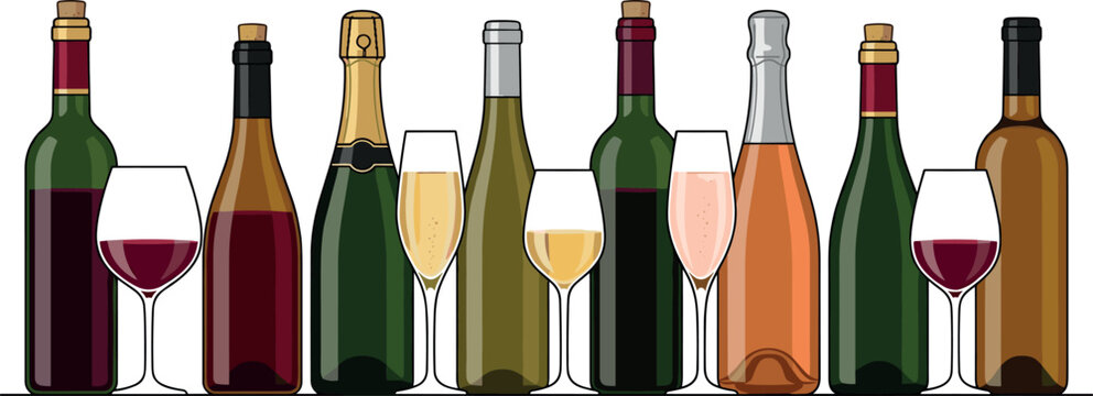 Wine and Champagne Bottle Vector Set with Glasses For Restaurant Menus Celebrations Parties and Beverage Packaging Designs