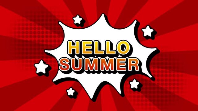 Hello Summer text word lettering popup comic cartoon reveal with bomb and smoke explosion manga anime book page dots with radial speed lines doodle red background with seamless loop animation ret