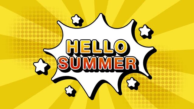 Hello Summer text word lettering popup comic cartoon reveal with bomb and smoke explosion manga anime book page dots with radial speed lines doodle yellow background with seamless loop animation ret