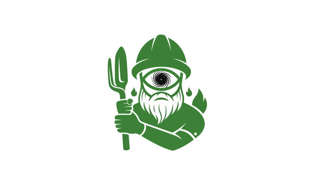 Green Mythical Cyclops Holding Pitchfork Illustration.