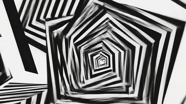 Abstract composition featuring geometric shapes with bold black and white stripes