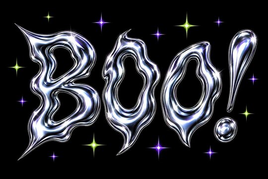 3D liquid chrome BOO typography text with shiny stars on black background for Halloween vector illustration