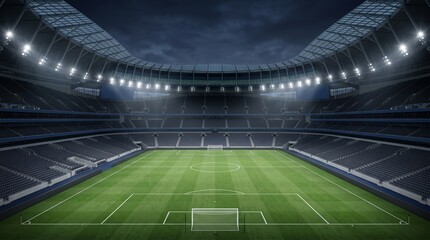 Fototapeta premium Front View Soccer Stadium Field with Bright Floodlights Background