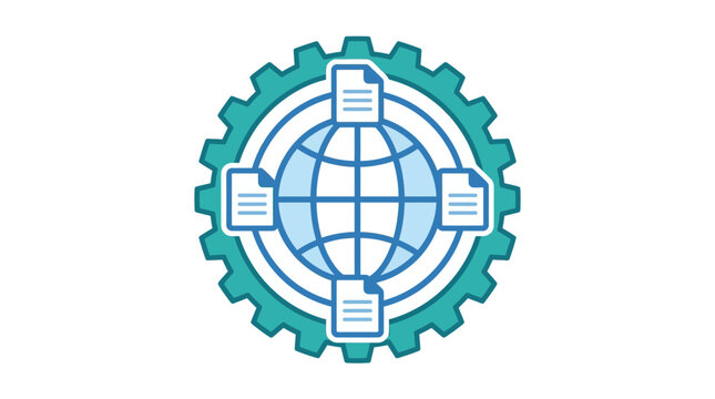Global Data Management System Icon: Globe, Gear, Documents