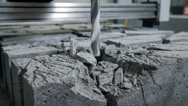 Closeup of a machine applying splitface texturing on concrete blocks creating a rugged chiseled surface for enhanced architectural design.