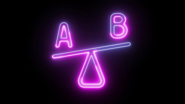 Neon letters a and b on balance scale with colorful glowing effect
