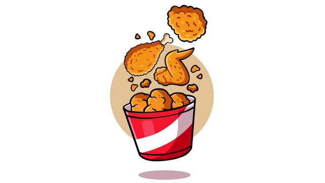 Delicious fried chicken bucket animation featuring crispy drumsticks, wings, and crunchy pieces floating above a takeaway bucket. Perfect for fast food promotions, restaurant advertising, menus