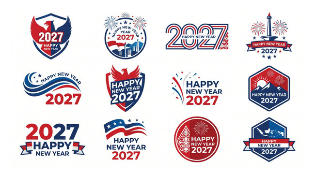 Happy new year 2027 badge and logo collection with traditional indonesian elements indonesia celebration fireworks mountain illustration greeting typography collection abstract