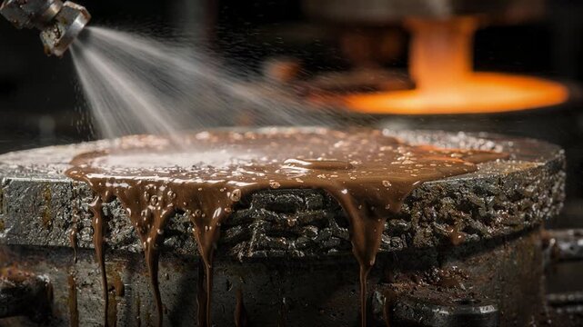 Close medium shot capturing hightemperature petroleum mold release compound in use emphasizing heat resistance and durability during metal casting processes.