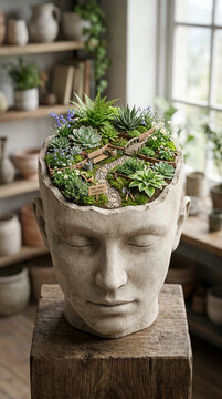Creative Indoor Plant Terrarium Growing Out Of Stone Head Sculpture