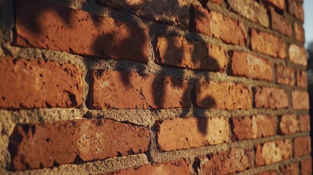Red brick wall with leaf shadows.