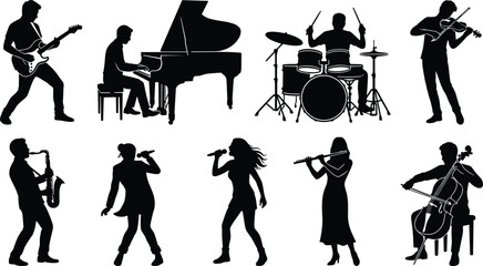 Musician Silhouette Collection Featuring Guitar Piano Drums Violin Singing and Classical Instrument Performers © Biplob Creators