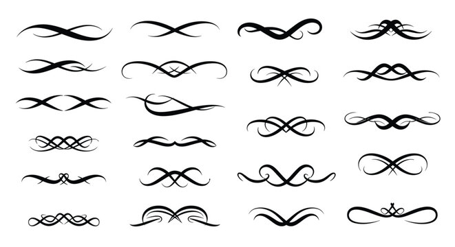 Collection of twenty-four elegant decorative calligraphic flourishes and page dividers isolated on a white background.