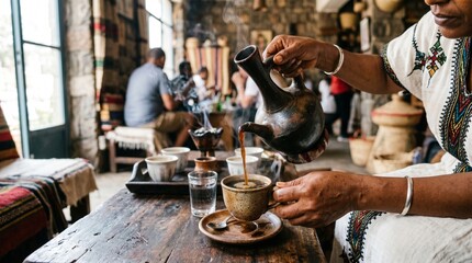 Obraz premium Traditional Coffee Pouring Ceremony in Cozy Rustic Café Setting