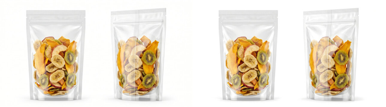 Transparent resealable pouch filled with assorted dried fruit slices including mango banana apple and kiwi in varying perspectives fruit chips mango slices