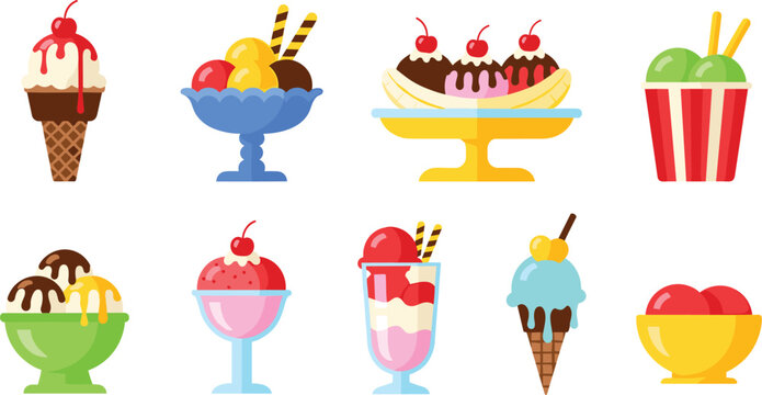 Flat ice cream desserts vector illustration set featuring banana split sundae bowls colorful cones and yogurt cups for sweet summer menu design.