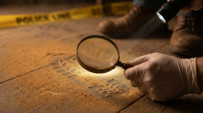 Forensic expert examining a footprint with a magnifying glass under a flashlight at a crime scene. Police tape in background. Ideal for themes of investigation, law, and justice.