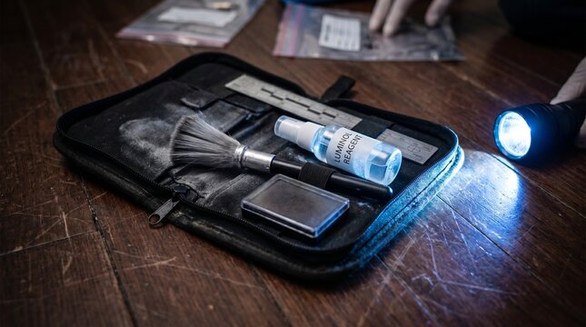 Forensic investigation tools for crime scene analysis: luminol reagent, fingerprint brush, ruler, and flashlight on a dark wooden floor. Collecting evidence for criminal investigations.
