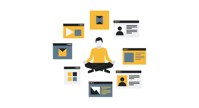Person meditating surrounded by social media app icons.