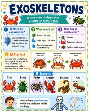 Exoskeletons Educational Infographic for Kids with Animal Examples and Molting Facts