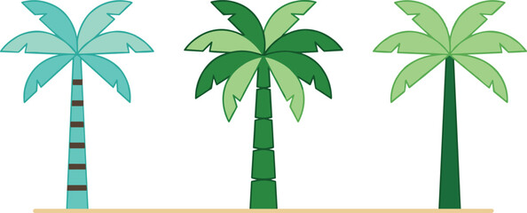 Tropical palm tree vector element set. Three unique trees, segmented trunks, exotic green leaves, sand line, coconut palms and beach vacation botanical illustrations. © MdRobiul