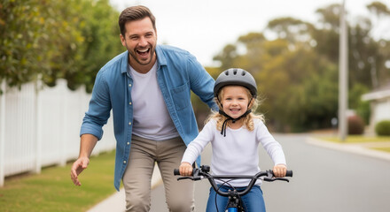 Naklejka premium Joyful Caucasian father teaching bike to daughter running alongside on suburban street, childhood milestone and family bonding