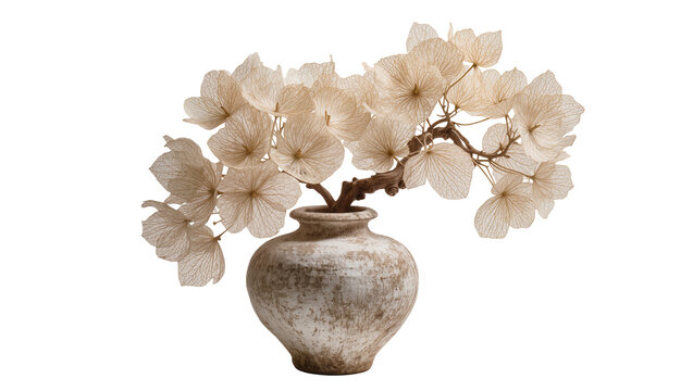 Dried hydrangea flowers in a rustic ceramic vase, isolated on transparent background