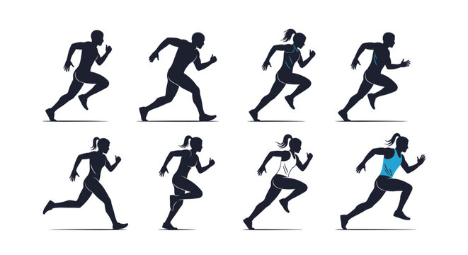 Set of black male and female runner silhouettes in different active phases of sprint stride isolated on a white background.