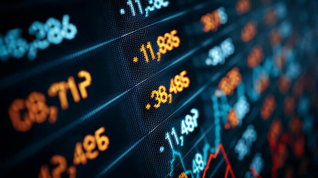 Close up of financial stock market ticker data on digital led screen monitor. Blurred electronic board shows trading index numbers, graph trend lines. Abstract business economy investment background