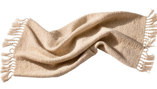 Textured beige woven throw blanket with fringe, isolated on transparent background