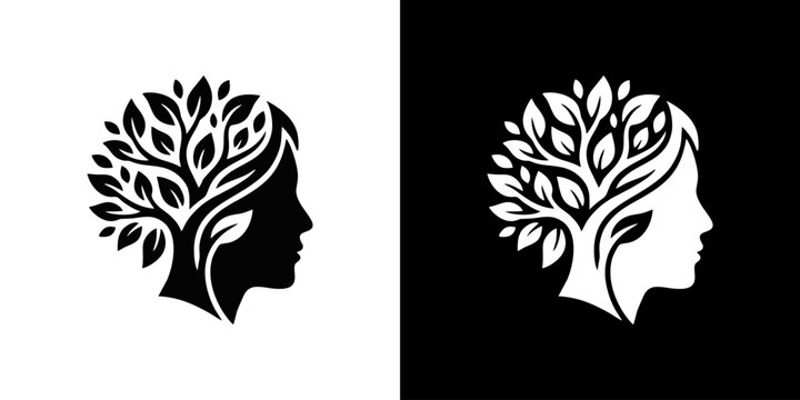 Abstract human head profile with tree and leaves logo representing mental health growth and wellness