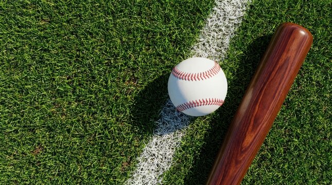 Baseball Bat and Ball on Green Field Grass with White Line.