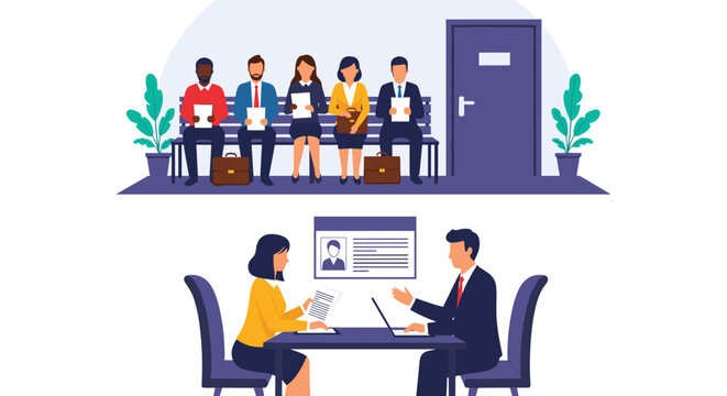 Business recruitment concept showing job candidates waiting on a bench and an interview session between an employer and applicant.