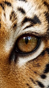 Extreme Close-Up of a Tiger's Amber Eye Reflecting Forest - This hyper-detailed close-up showcases a tiger's piercing amber eye, revealing the intricate textures of its fur and the subtle dilation of