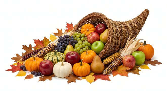 Cornucopia with autumn harvest fruits and vegetables on white background