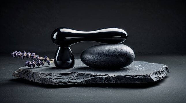 Minimalist black obsidian gua sha tool with volcanic massage stone and dried lavender on raw slate