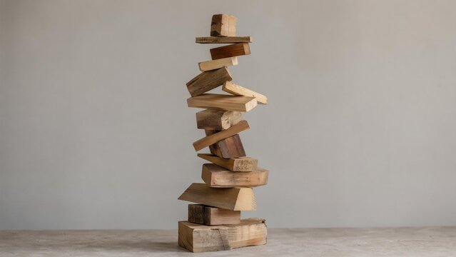 precarious. A precarious tower of wooden blocks stacked at unstable angles. lifestyle magazines, social media lookbooks, designed for lifestyle magazines and social media content.
