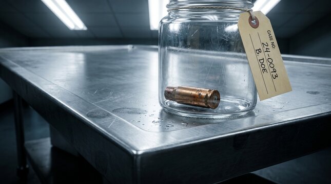 A forensic evidence jar containing a spent bullet casing on a cold stainless steel table, marked with 'CASE NO: 24-0093 B. DOE', highlighting crime investigation and evidence collection.