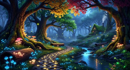 Fototapeta premium Magical Glowing Forest Path Winding Through Enchanted Woodland with Stream