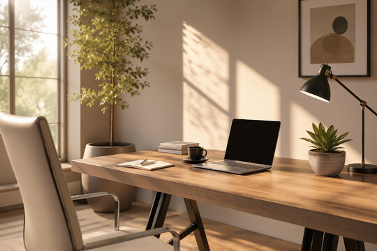 Sunlit professional home office workspace with laptop workspace interior sunlight
