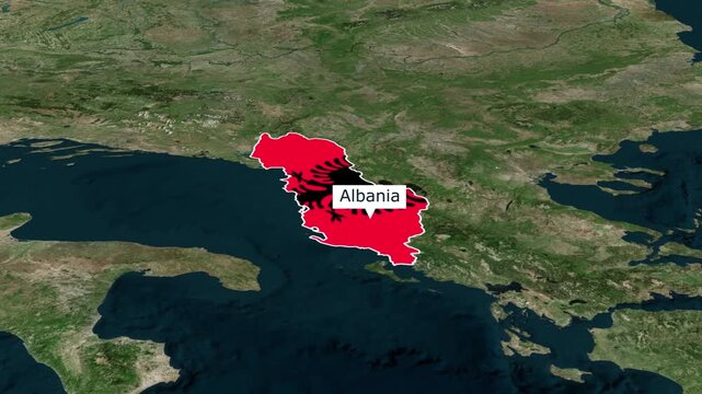 Albania highlighted on Satellite Map: A satellite view of Albania, precisely outlined in red, with its name prominently displayed, showcasing its geographical location on the Earth's surface.