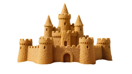 Intricate sandcastle with multiple towers and crenellations, isolated on transparent background © Maria