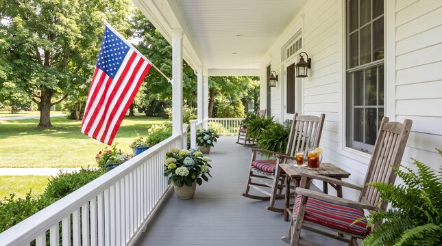 Inviting classic American home porch with a patriotic flag waving gently in the breeze, featuring comfortable rocking chairs ready for peaceful summer relaxation and tranquil outdoor living