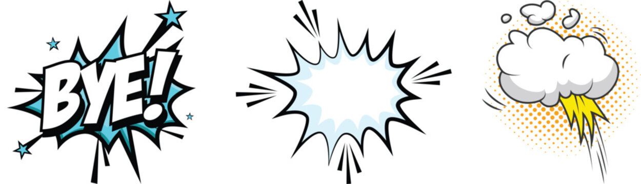 Comic book style speech bubble callouts with text bye and lightning bolt strike expression lightning explosion illustration communication creative dialogue
