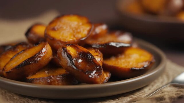 Cinematic macro close-up video caramelized roasted peach slices sizzling on plate in