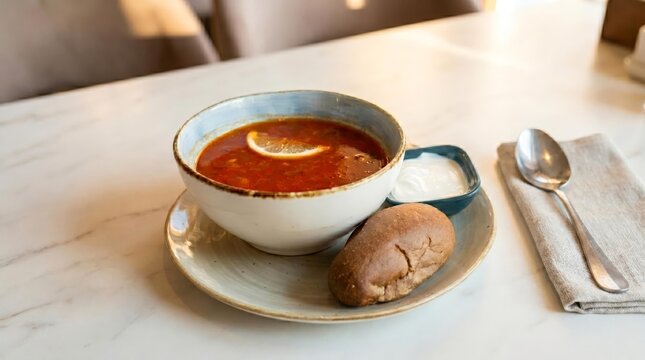 Traditional red solyanka soup with a lemon slice, served with sour cream and a bun on a restaurant table